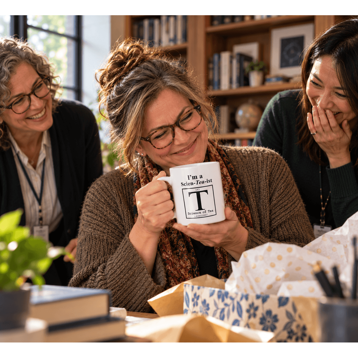 Librarian delighted with her Scien-Tea-ist mug birthday gift, surrounded by smiling colleagues