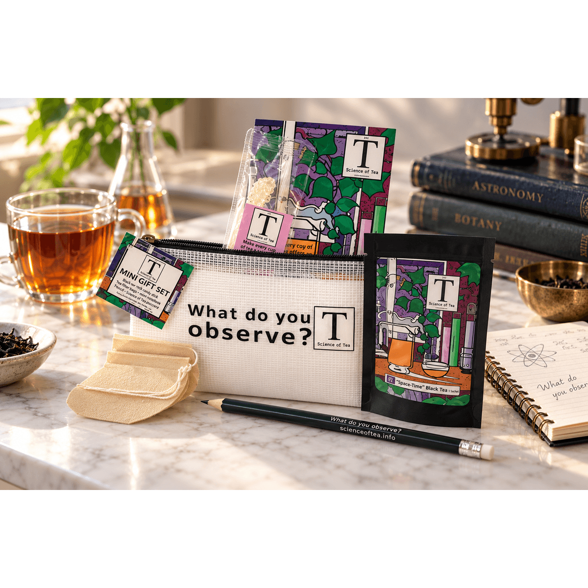 Science of Tea mini gift set styled with a cup of tea on a marble countertop