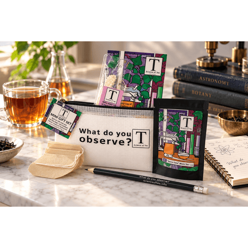 Science of Tea mini gift set styled with a cup of tea on a marble countertop