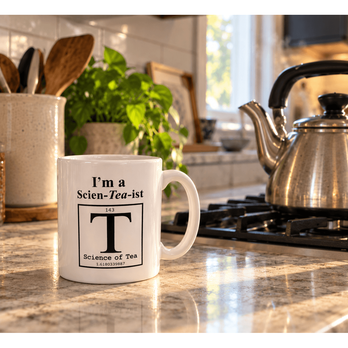 Scien-Tea-ist mug on a sunlit kitchen counter with a kettle in the background