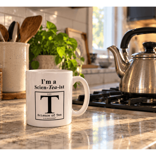 Scien-Tea-ist mug on a sunlit kitchen counter with a kettle in the background