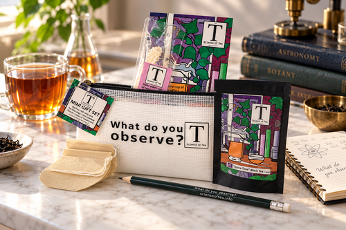 Science of Tea mini gift set styled with a cup of tea on a marble countertop