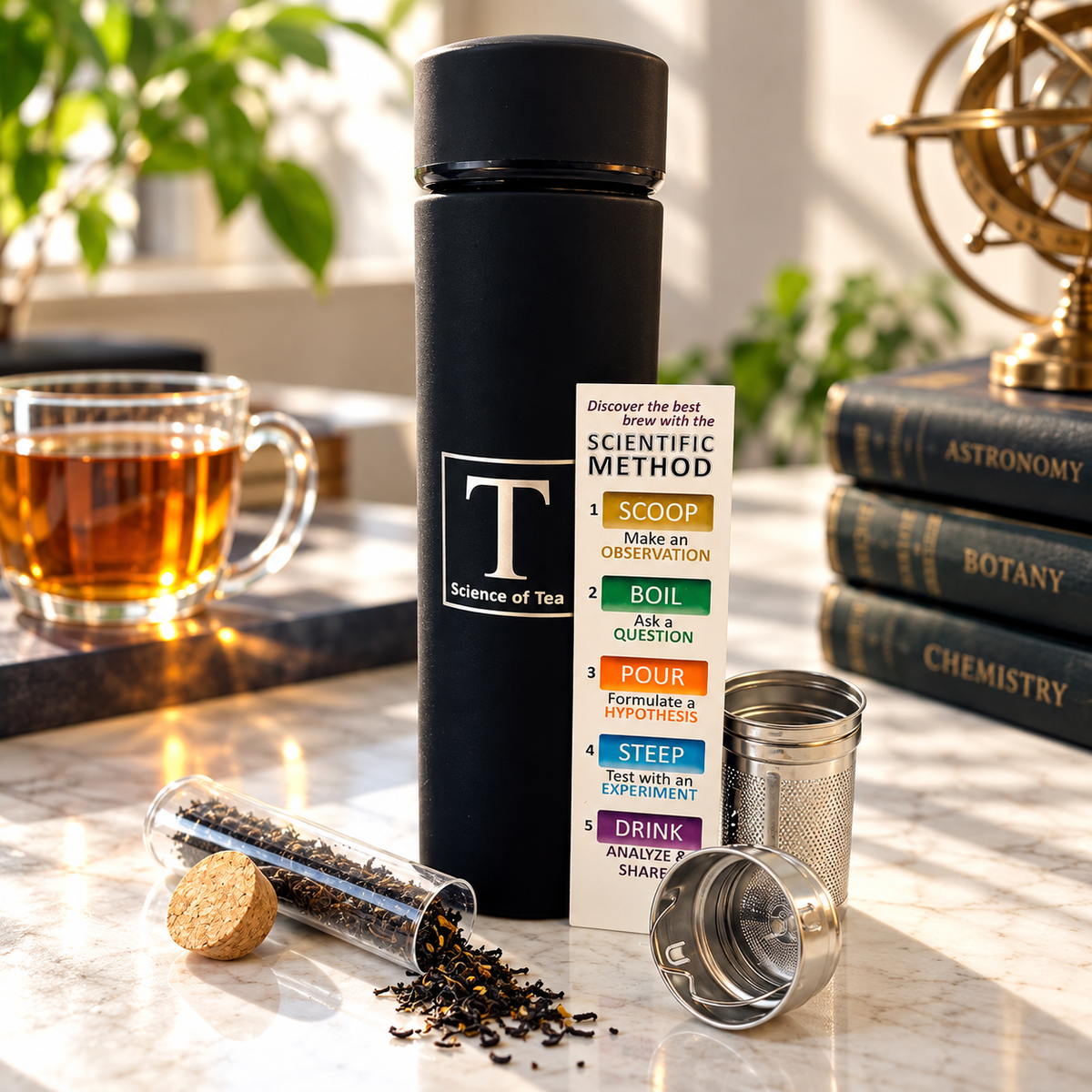 Science of Tea tumbler and tea set on marble with tea and brewing accessories